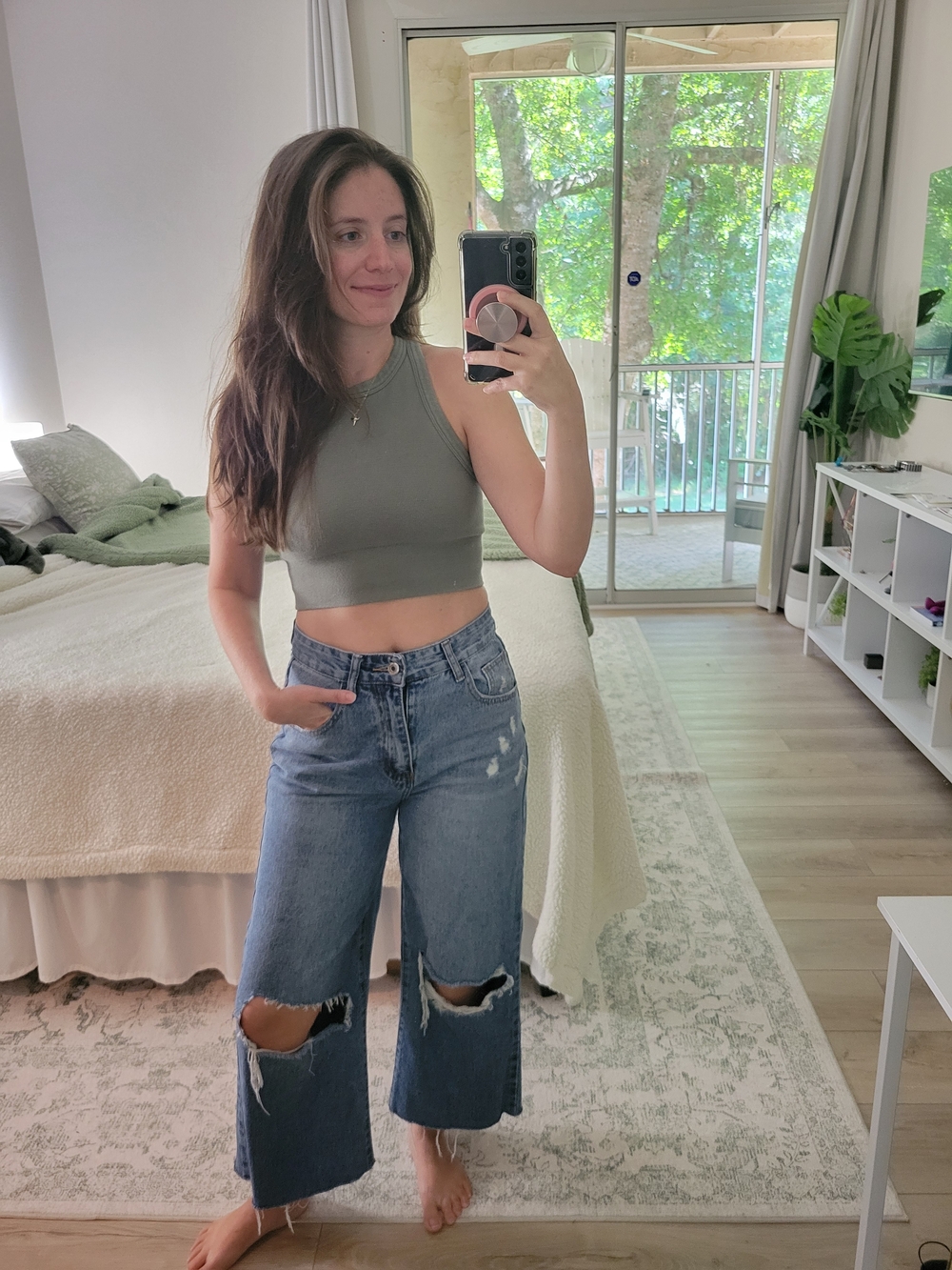 SHEIN Medium Blue Distressed Wide-Leg High-Rise Jeans
